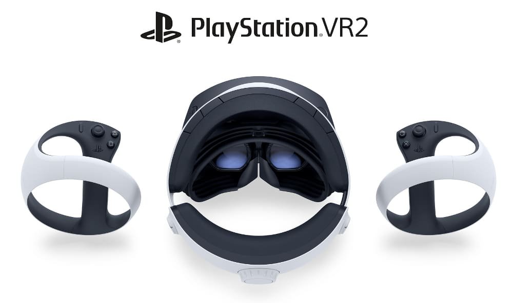 Inner part of the PlaySet VR2 Headset accompanied by the PS VR2 Sense controls