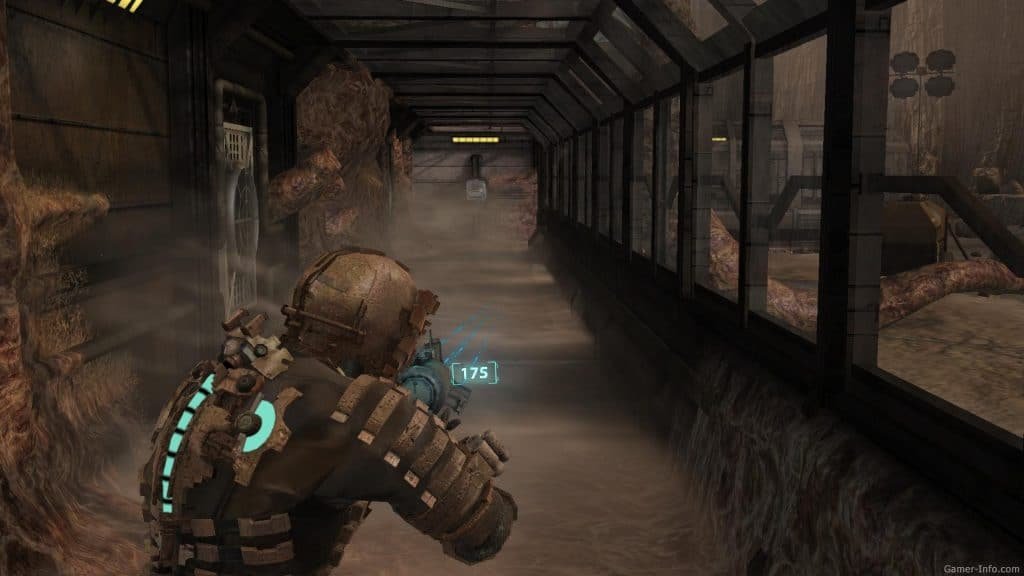 Scene of the 2008 game shows man with space uniform walking through the empty space station corridor.