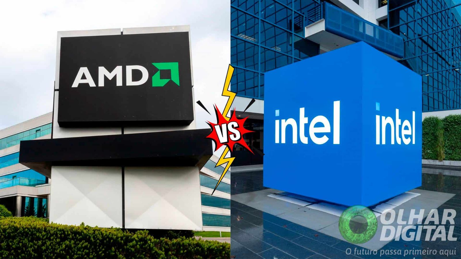 Assembly with photos of Facades from AMD and Intel with illustration of versus in the middle