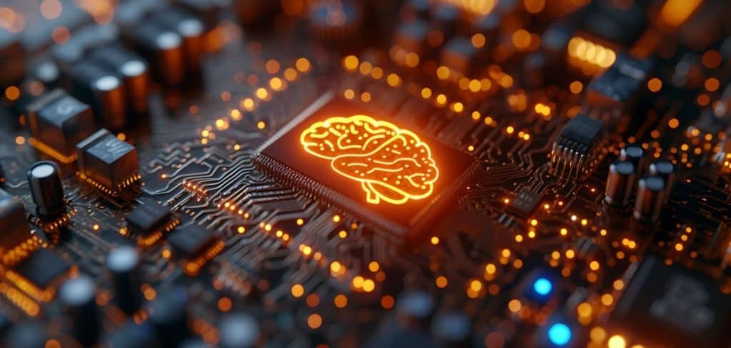 Brain designed with orange lines on a computer chip