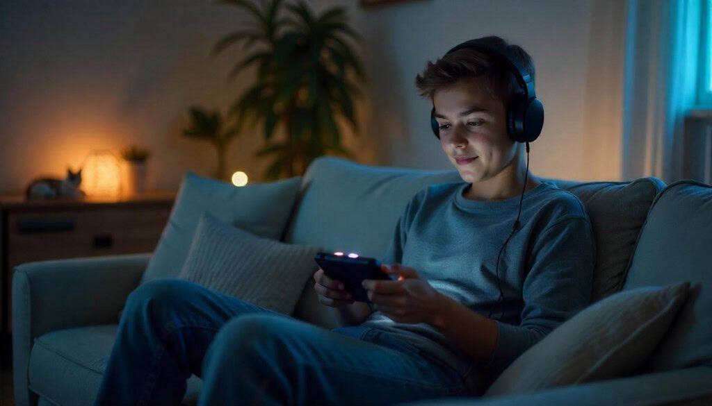 Young man plays on a portable console on the sofa at home