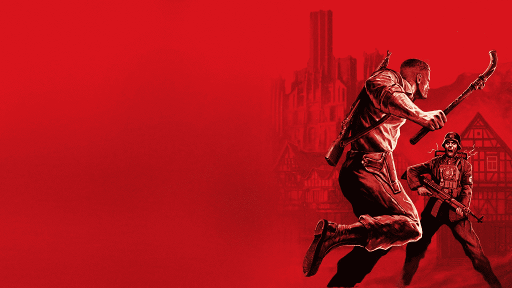 Image shows a man holding a pipe while on top of an armed soldier. The background is in the color red in an intense tone