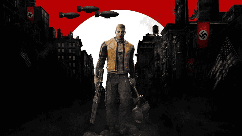 Image shows an armed man, marching through a city with a dark background and airships flying in the sky