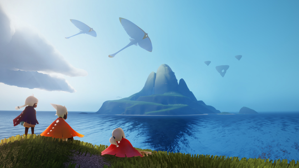 3 characters from the game Sky: Children of the Light Seeing a mountain on the horizon