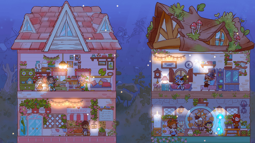Game hub Fairy Village showing two houses at night
