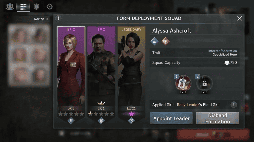 Resident Evil Survival Unit screenshot showing some game characters on the squad screen