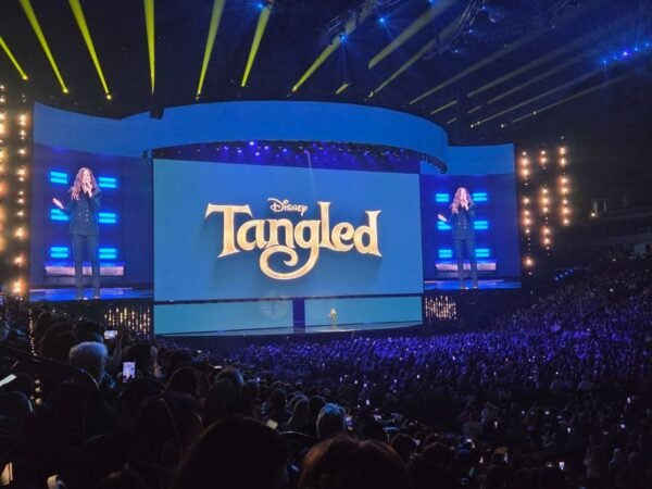 A woman stands on stage in front of a screen with the words 