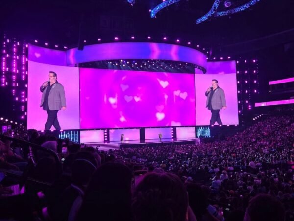 Gad is on stage, singing. Behind him, a large screen shows him so that everybody can see the stage.