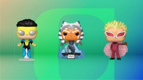 Three Funko figures against a green gradient background.