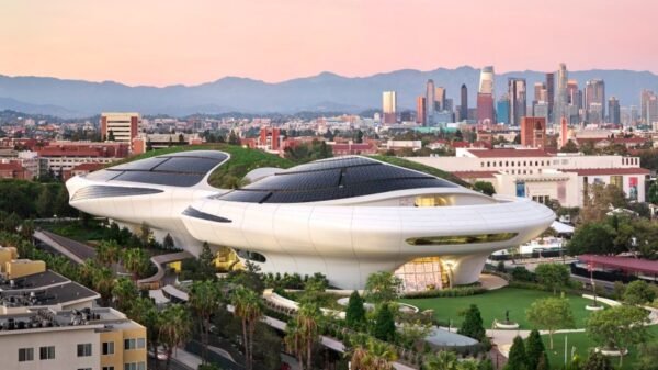 An exterior shot of the Lucas Museum of Narrative Art in Los Angeles.