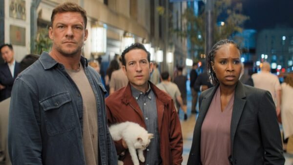 Alan Ritchson, Christopher Rodriguez Marquette, and Sydelle Noel in Season 4 of Reacher.